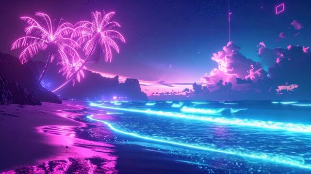 Neon-lit beach scene with glowing palm trees, waves, and a starry night