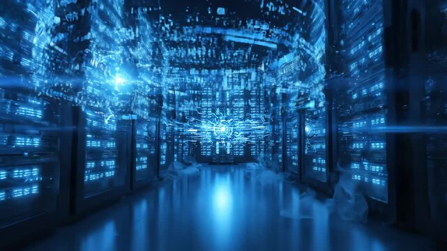 Slow dolly shot through a futuristic dark data center with pulsing blue lights on server racks symbolizing digital storage and innovation