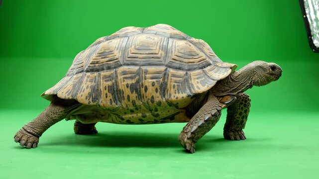 Slow motion of a large tortoise walking across a bright green screen background for compositing