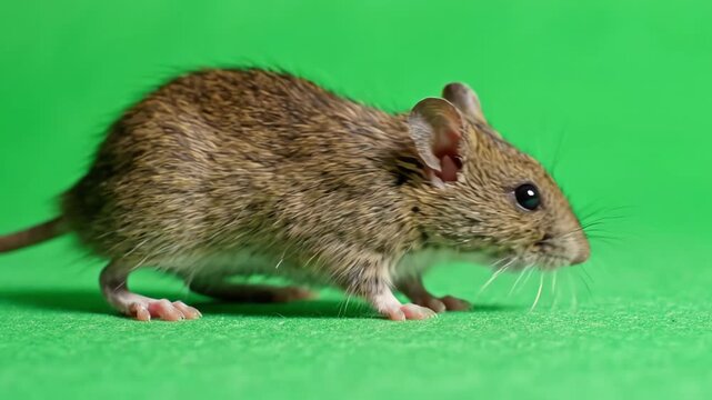 Small brown field mouse walking across a solid green screen background with whiskers twitching and curious movements