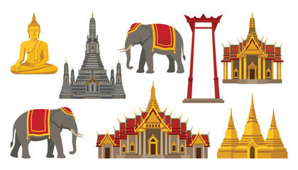 Obraz premium PrintThailand travel landmarks vector set featuring traditional buddhist temples golden pagoda elephant statue giant swing and buddha