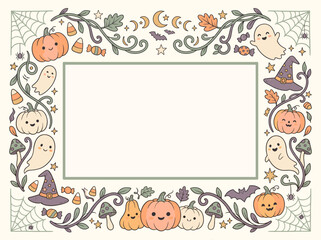 Fototapeta premium Cute Halloween Border Frame with Pumpkins, Ghosts, and Autumn Elements for Greeting Cards and Invitations