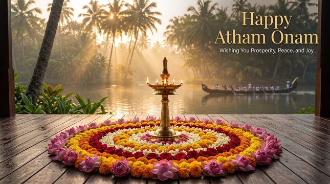 Happy atham onam celebration Nilavilakku Pookalam Festival Greeting Banner