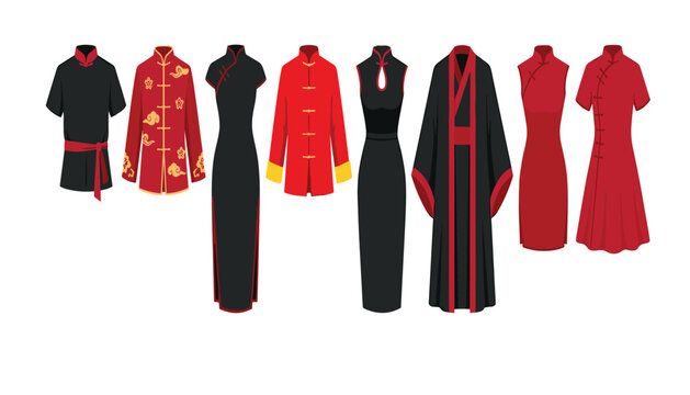 Traditional Chinese clothing vector illustration collection featuring red and black cheongsam qipao hanfu dresses and oriental festival costumes