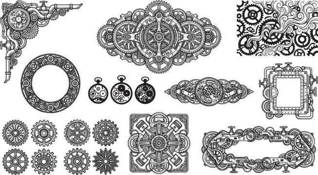 Steampunk gear and clockwork set with intricate mechanical frames, borders, watch parts, and steam on white background