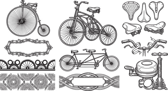 Vintage bicycle collection featuring penny farthing, tandem bike, tricycle, bicycle parts, gears, and decorative frames in line style