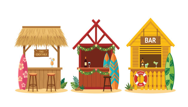 Tropical tiki beach bar and surf hut vector set with cocktail drinks surfboards and hawaiian decorations isolated on white background