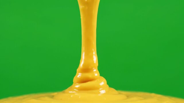 Thick yellow mustard sauce drizzling slowly in a smooth stream against a bright green screen background for easy keying