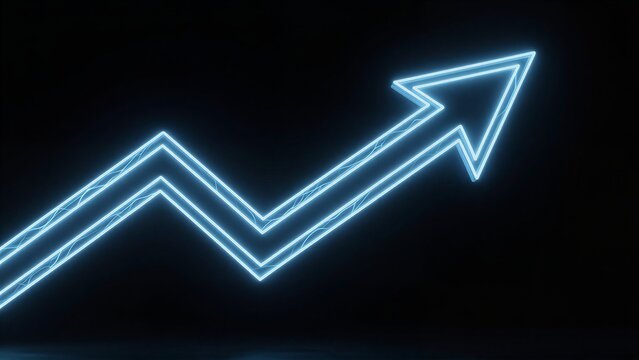 Glowing blue arrow graph rises upward against a dark background.