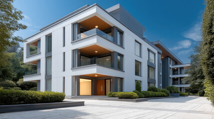 Fototapeta premium Modern eco friendly apartment building with large windows, white facade, green landscaping, and spacious balconies under clear blue sky