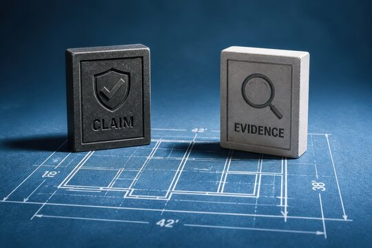 3D claim and evidence blocks on blueprint concept