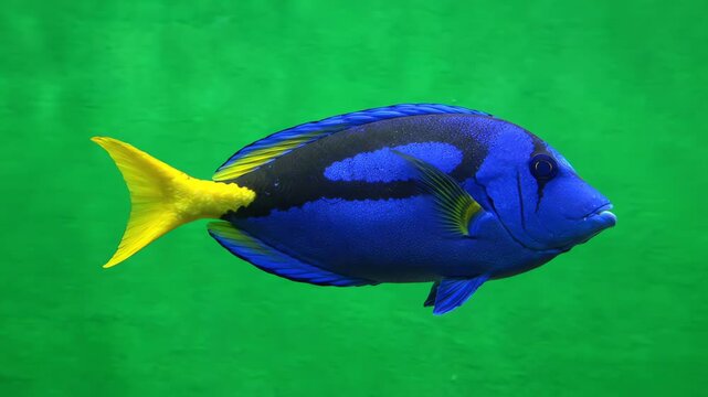 Tropical fish swimming slowly across a bright green screen background for easy chroma keying and visual effects production