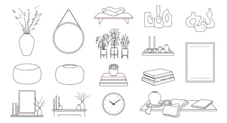 Minimalist home decor line icons, modern interior design elements, 15 vector outline icons set © usmi