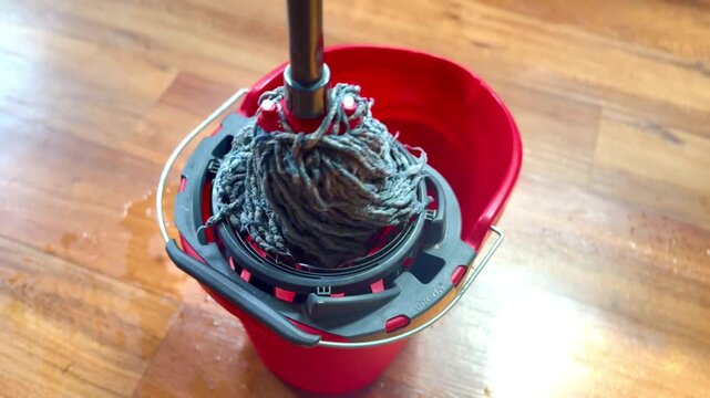 squeezing and draining water liquid from wet mop into red bucket with wood floor