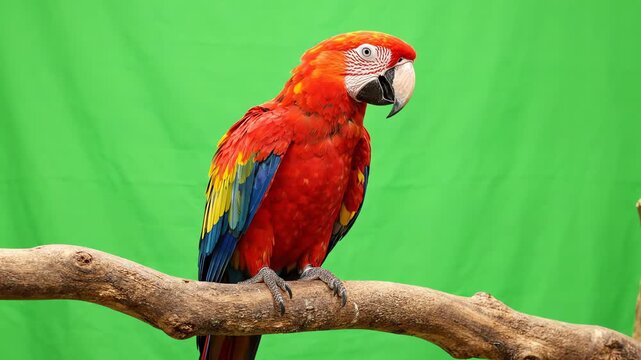 Vibrant exotic parrot perched on a branch talking and moving its head against a professional chroma key green screen background