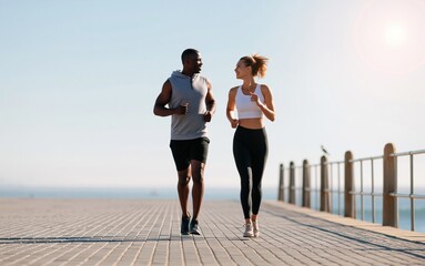 Fototapeta premium Running and jogging couple doing fitness exercise for healthy cardio training