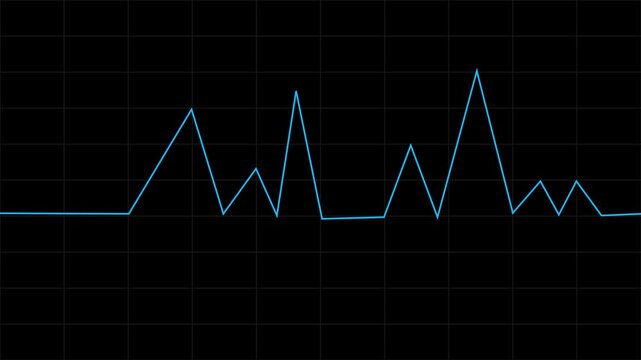 Animated blue line graph rising and falling on dark grid background, data visualization business analytics