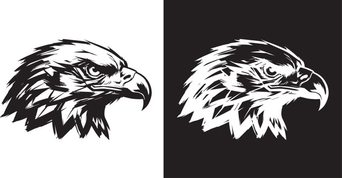 Hand Drawn Ink Brush Eagle Head Profile Vector Illustration Isolated On White And Black Background