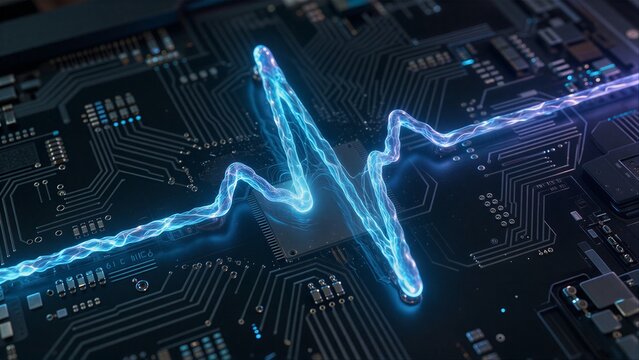 Blue energy pulse flows across a futuristic circuit board, symbolizing digital heartbeat.