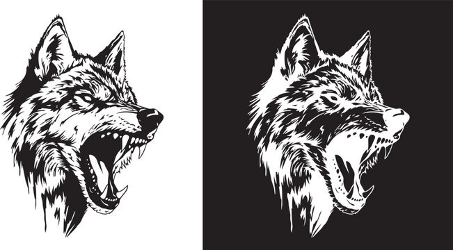 Hand Drawn Ink Brush Snarling Wolf Head Profile Vector Illustration Isolated On White And Black Background