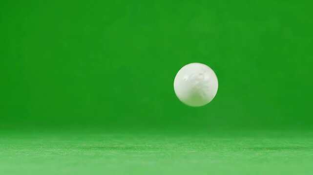 White ping pong ball bouncing and spinning across a bright green screen background for visual effects and compositing