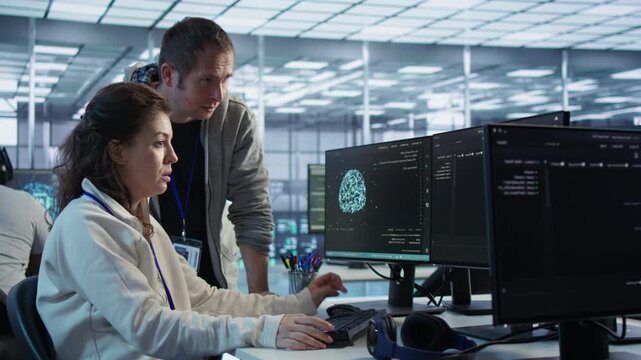 Data center woman requesting help from senior engineer to fix error in high tech data center from a secondary camera angle while showing secure storage, threat prevention and cybersecurity monitoring.