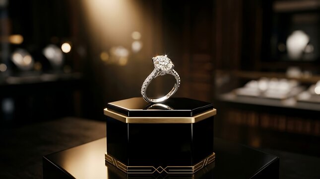 Diamond engagement ring on a black onyx octagonal pedestal box