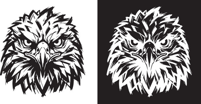 Hand Drawn Ink Brush Frontal Eagle Head Portrait Vector Illustration Isolated On White And Black Background