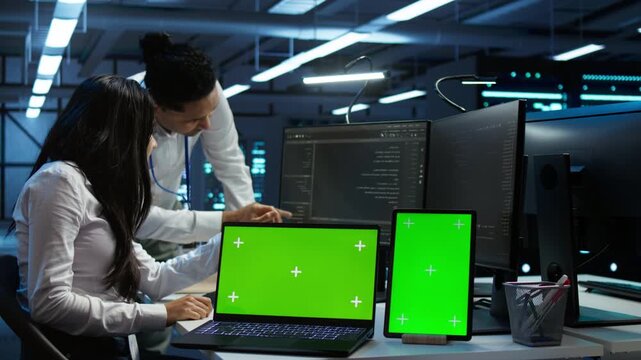 In a server farm, engineer uses a replaceable screen device with a chroma key tablet, supporting screen replacement, device mockup and energy efficiency within routine server room management