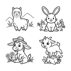 Fototapeta premium Set of four cute farm animal illustrations for a children coloring page featuring alpaca rabbit donkey and goat