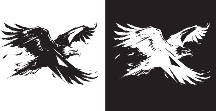 Hand Drawn Ink Brush Dynamic Flying Eagle Attack Vector Illustration Isolated On White And Black Background
