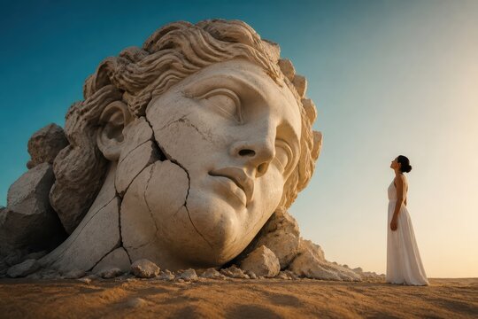 Creative campaign concept with giant stone sculpture and woman in white dress