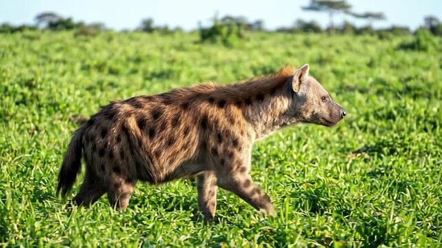 Wild spotted hyena walking slowly across a bright green background with its head turning side to side scanning the savannah landscape