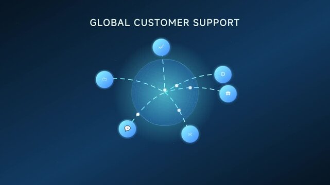 Global customer support network animation with blue glowing icons