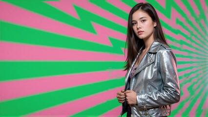 Fototapeta premium Young woman in silver jacket stands before vibrant green and pink striped background.