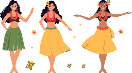 Beautiful Hawaiian Hula Dancer Vector Character Set Featuring Traditional Polynesian Women in Grass Skirts with Flower Leis Performing Luau Dance Illustrations © Auwal