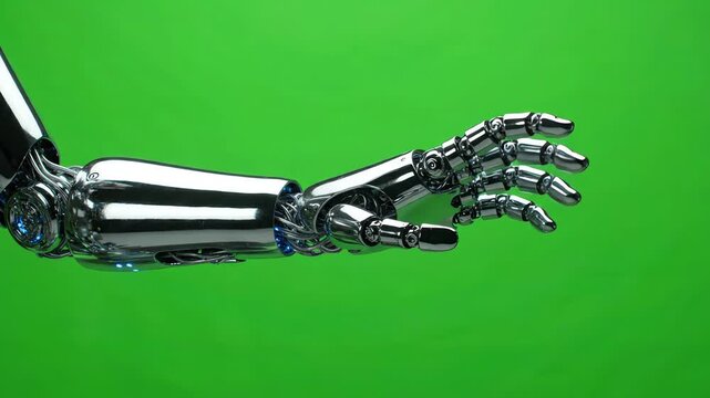 Futuristic chrome robot arm and hand waving slowly against a bright green screen background for compositing