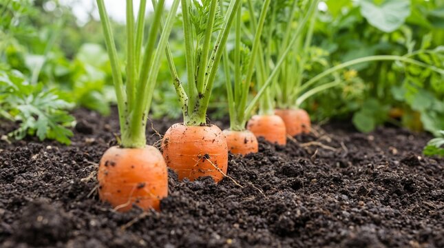 Fresh organic orange carrots growing in dark soil row in vegetable garden field during summer harvest season