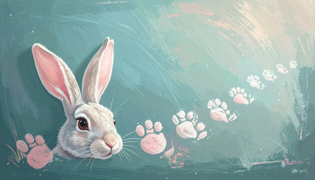 Rabbit tracks illustration. Cute bunny with paw prints on a textured chalk background.
