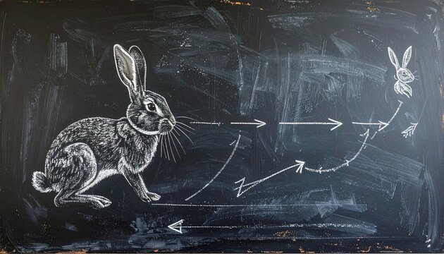 Rabbit tracks illustration on chalkboard. Chalk drawing of hare movement and field map.
