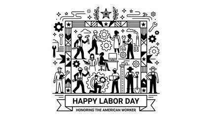 Obraz premium Happy Labor Day Illustration with Diverse Workers and Industrial Icons