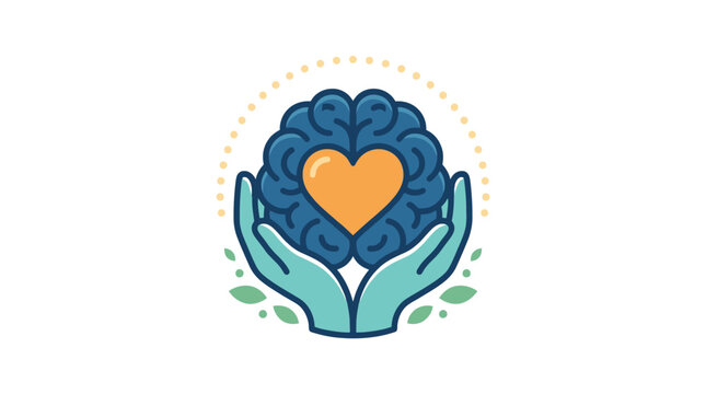Mental health awareness icon with human hands holding a brain and heart. EPS Editable. Vector Illustrations.