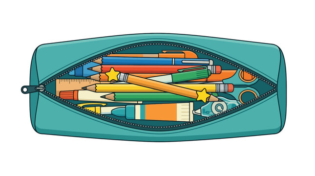 Open pencil case filled with colorful school supplies and stationery items. EPS Editable. Vector Illustrations.