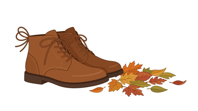 Pair of brown leather autumn boots with fallen leaves. EPS Editable. Vector Illustrations.