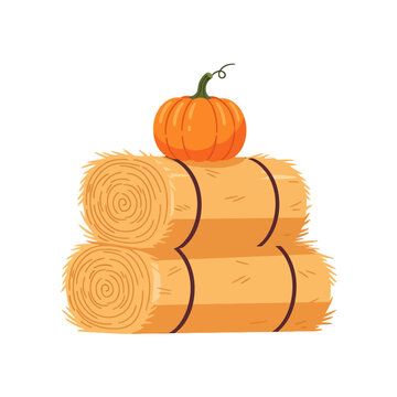 Orange pumpkin sitting on top of stacked round hay bales. EPS Editable. Vector Illustrations.