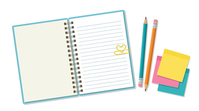 Open spiral notebook with pencils and sticky notes for school and office work. EPS Editable. Vector Illustrations.