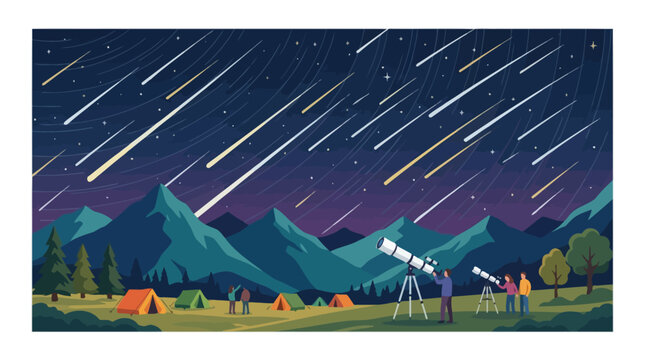 People camping and watching meteor shower in mountains at night. EPS Editable. Vector Illustrations.