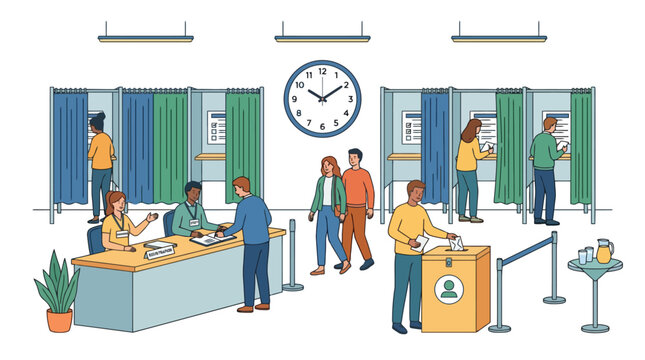 People casting votes at a polling station during an election day. EPS Editable. Vector Illustrations.