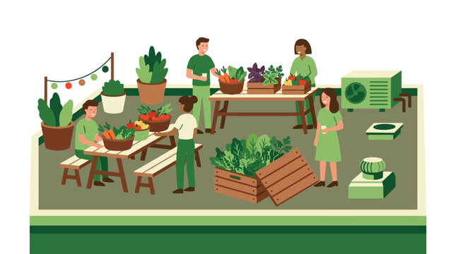 People farming vegetables on urban rooftop garden community project. EPS Editable. Vector Illustrations.