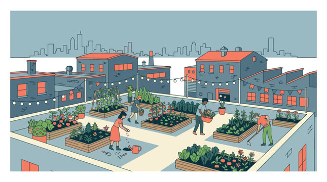 People gardening on urban rooftop farm in city. EPS Editable. Vector Illustrations.